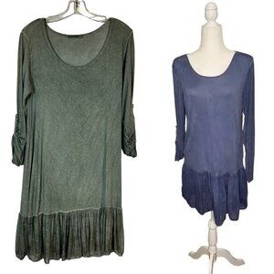 Green Mini Tunic Dress Ruffle Hem Soft Made in Italy Lagenlook Minimalist